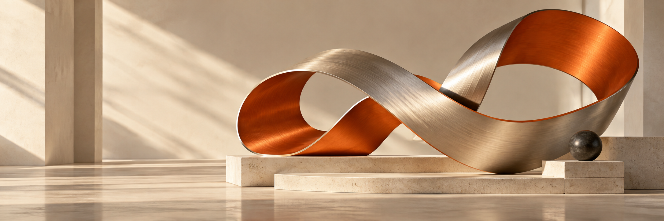 Sculptural brushed metal ribbon with a warm orange interior in a sunlit architectural gallery